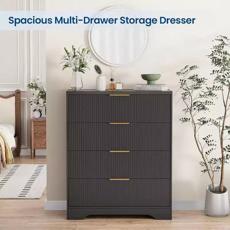 55 White Wave Panel 4-Drawer Dresser, Tall Storage Cabinet with Wood Tone Finish, Multi-Functional Organizer for Nursery Hallway Living Room