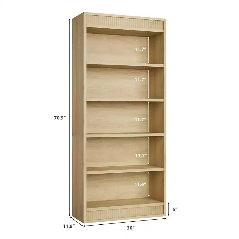 71 Farmhouse Bookcase w/Double Fluted Design, 5 Tier Tall Bookshelf with Wooden Base, Wooden Bookshelf