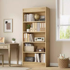 71 Farmhouse Bookcase w/Double Fluted Design, 5 Tier Tall Bookshelf with Wooden Base, Wooden Bookshelf