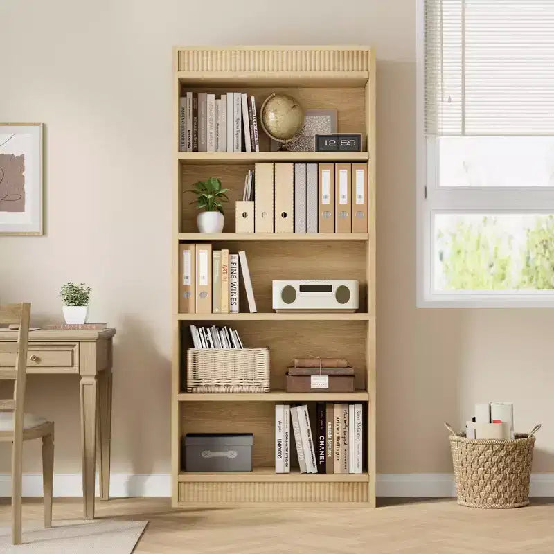 71 Farmhouse Bookcase w/Double Fluted Design, 5 Tier Tall Bookshelf with Wooden Base, Wooden Bookshelf