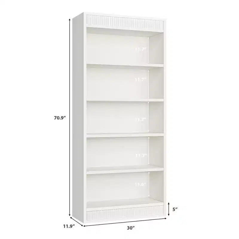 71 Farmhouse Bookcase w/Double Fluted Design, 5 Tier Tall Bookshelf with Wooden Base, Wooden Bookshelf
