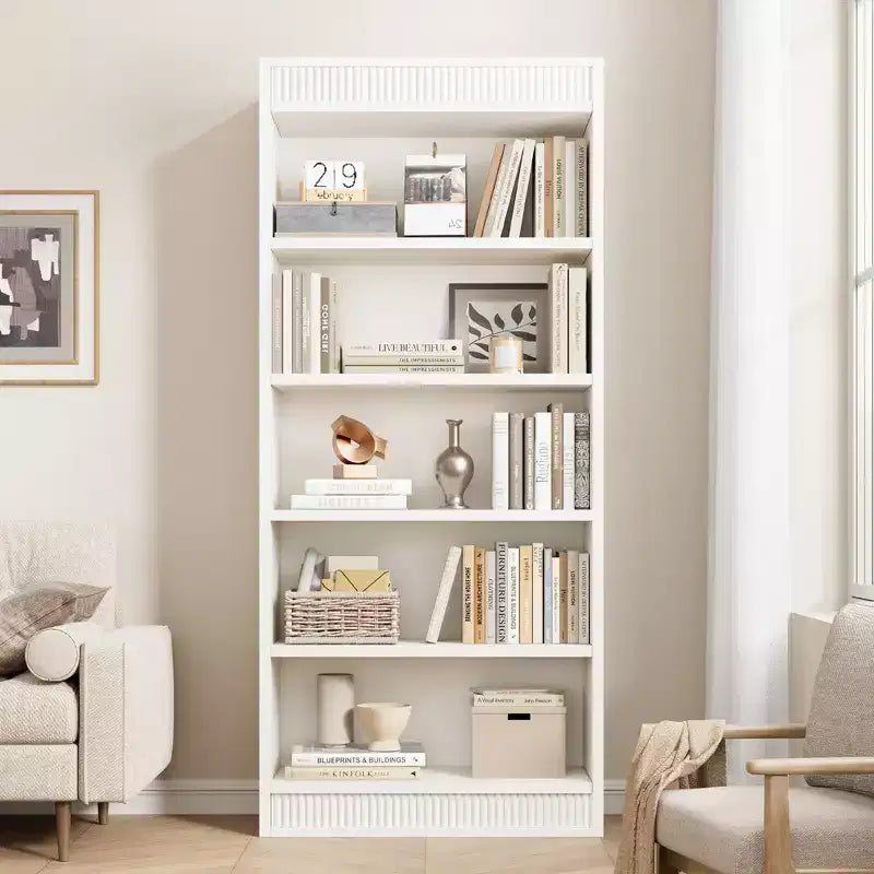 71 Farmhouse Bookcase w/Double Fluted Design, 5 Tier Tall Bookshelf with Wooden Base, Wooden Bookshelf