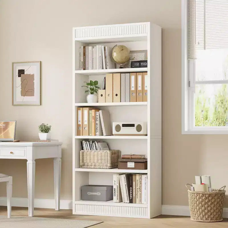 71 Farmhouse Bookcase w/Double Fluted Design, 5 Tier Tall Bookshelf with Wooden Base, Wooden Bookshelf
