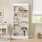 71 Farmhouse Bookcase w/Double Fluted Design, 5 Tier Tall Bookshelf with Wooden Base, Wooden Bookshelf