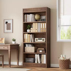 71 Farmhouse Bookcase w/Double Fluted Design, 5 Tier Tall Bookshelf with Wooden Base, Wooden Bookshelf