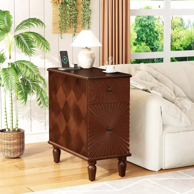 Modern Sofa Side Table With Drawer, Wooden Narrow End Table, Slim Bedroom Nightstand, Accent Bedside Table for Small Space Living Room Bedroom