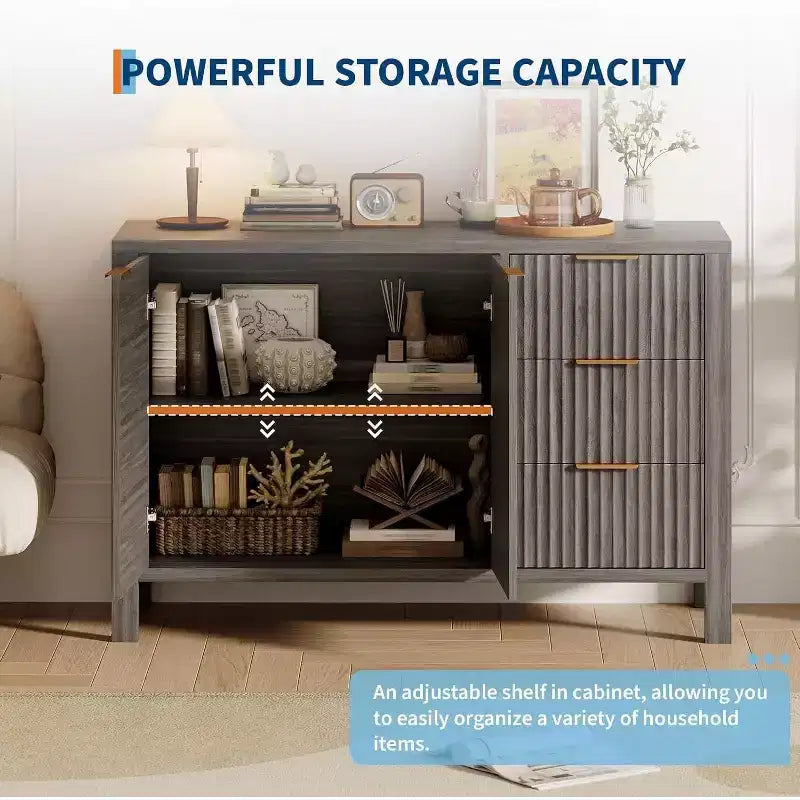 47 Fluted Sideboard Buffet Cabinet, 2 Doors, 3 Drawers, Adjustable Shelf, for Dining Room, Living Room, Entryway