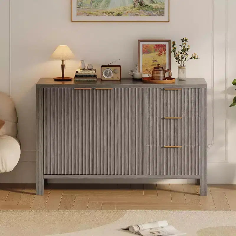 47 Fluted Sideboard Buffet Cabinet, 2 Doors, 3 Drawers, Adjustable Shelf, for Dining Room, Living Room, Entryway
