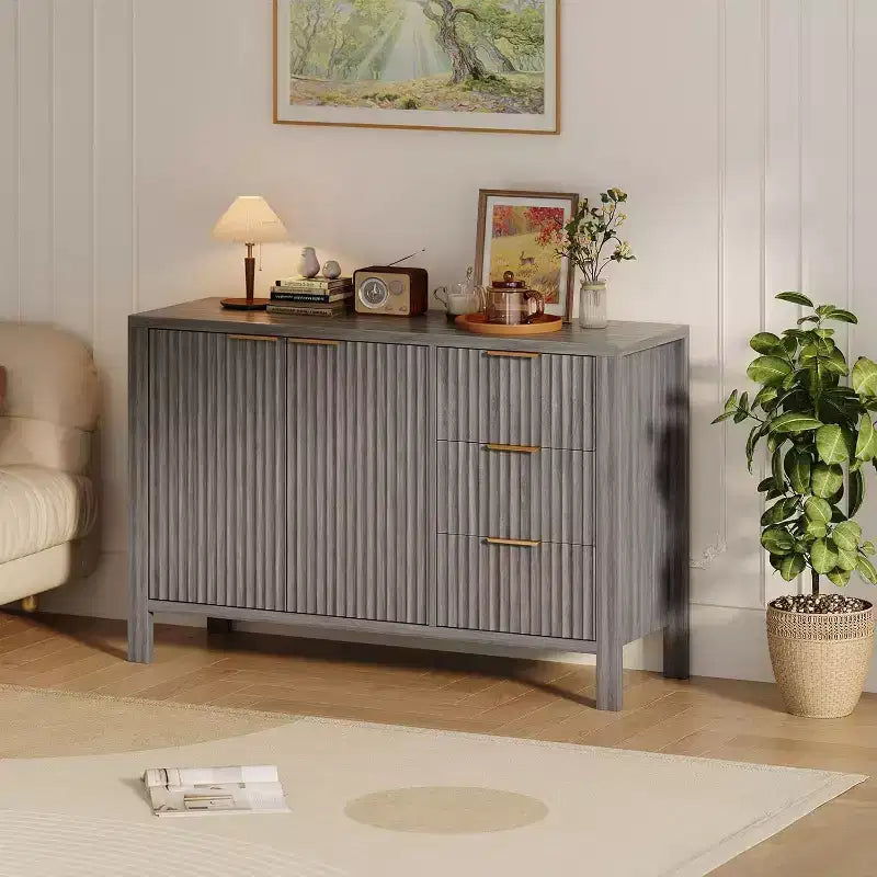 47 Fluted Sideboard Buffet Cabinet, 2 Doors, 3 Drawers, Adjustable Shelf, for Dining Room, Living Room, Entryway