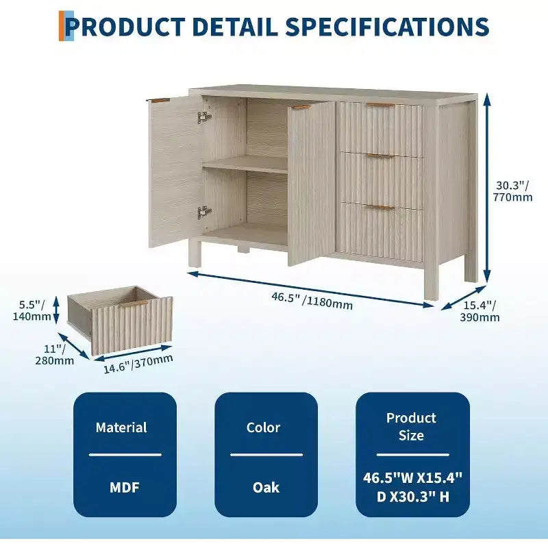 47 Fluted Sideboard Buffet Cabinet, 2 Doors, 3 Drawers, Adjustable Shelf, for Dining Room, Living Room, Entryway