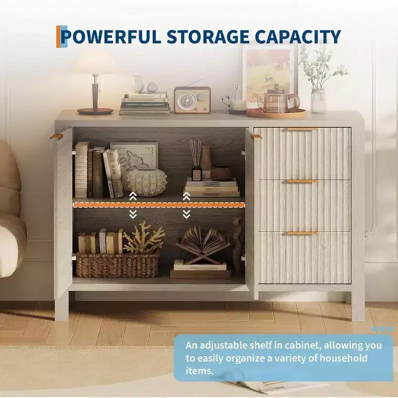 47 Fluted Sideboard Buffet Cabinet, 2 Doors, 3 Drawers, Adjustable Shelf, for Dining Room, Living Room, Entryway