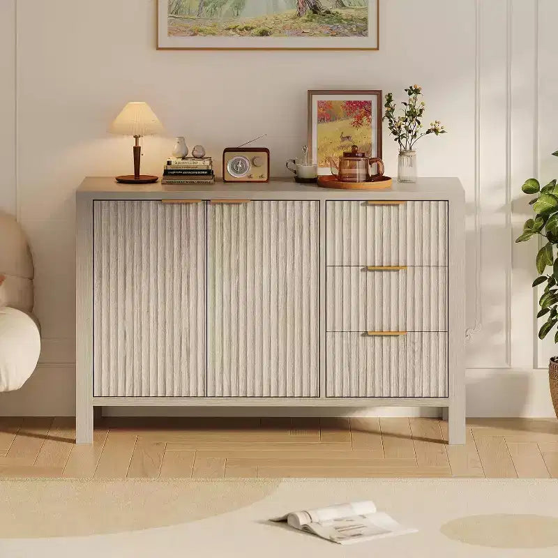 47 Fluted Sideboard Buffet Cabinet, 2 Doors, 3 Drawers, Adjustable Shelf, for Dining Room, Living Room, Entryway