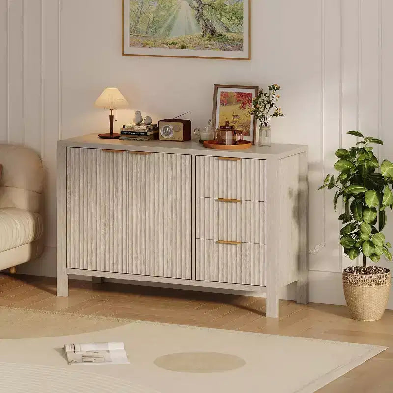 47 Fluted Sideboard Buffet Cabinet, 2 Doors, 3 Drawers, Adjustable Shelf, for Dining Room, Living Room, Entryway
