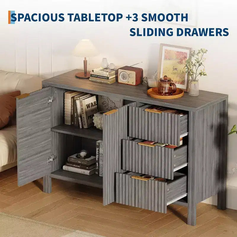 47 Fluted Sideboard Buffet Cabinet, 2 Doors, 3 Drawers, Adjustable Shelf, for Dining Room, Living Room, Entryway