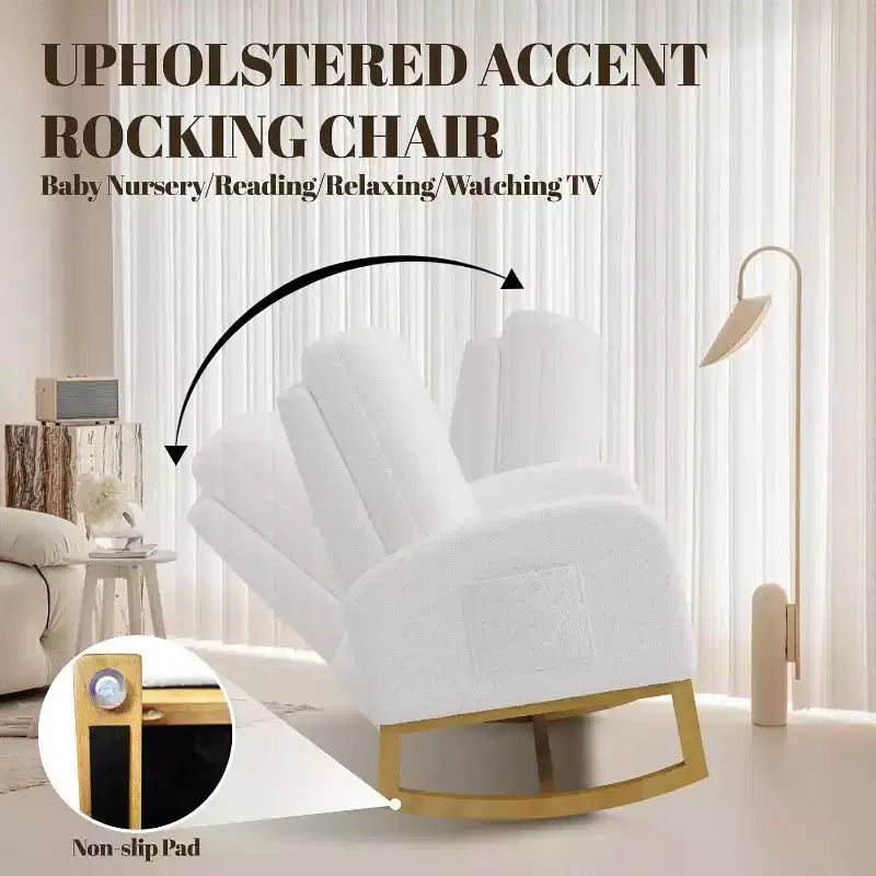 Modern Rocking Chair, Soft Faux Lambskin Upholstered Glider Rocking Chair with High Backrest, Side Pockets