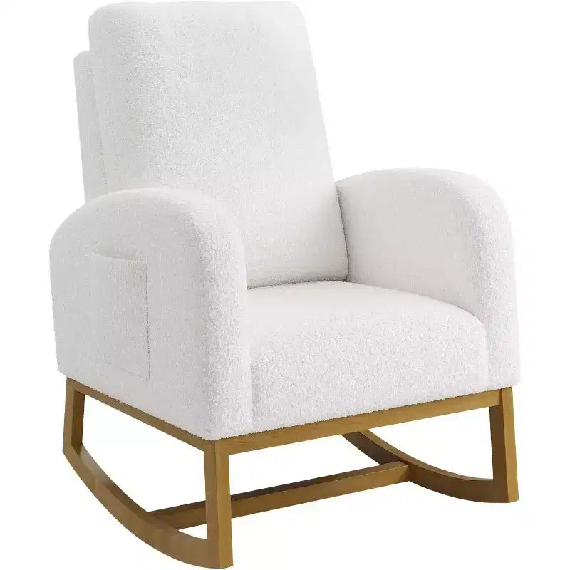 Modern Rocking Chair, Soft Faux Lambskin Upholstered Glider Rocking Chair with High Backrest, Side Pockets