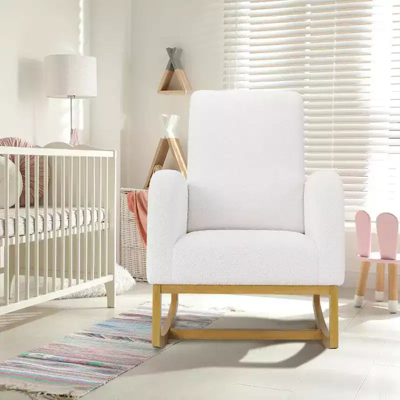 Modern Rocking Chair, Soft Faux Lambskin Upholstered Glider Rocking Chair with High Backrest, Side Pockets
