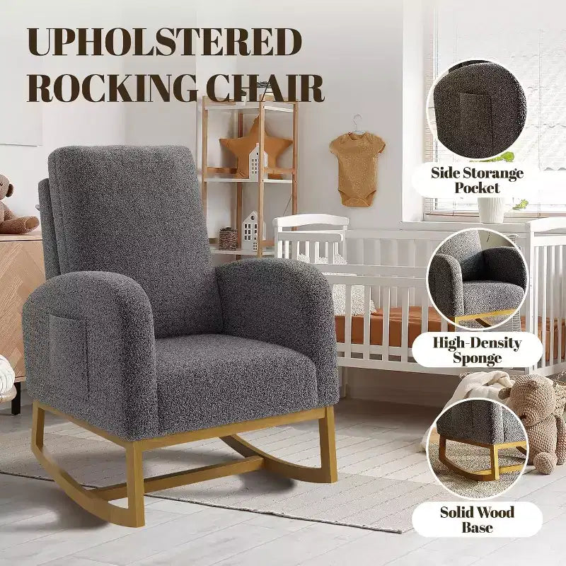 Modern Rocking Chair, Soft Faux Lambskin Upholstered Glider Rocking Chair with High Backrest, Side Pockets