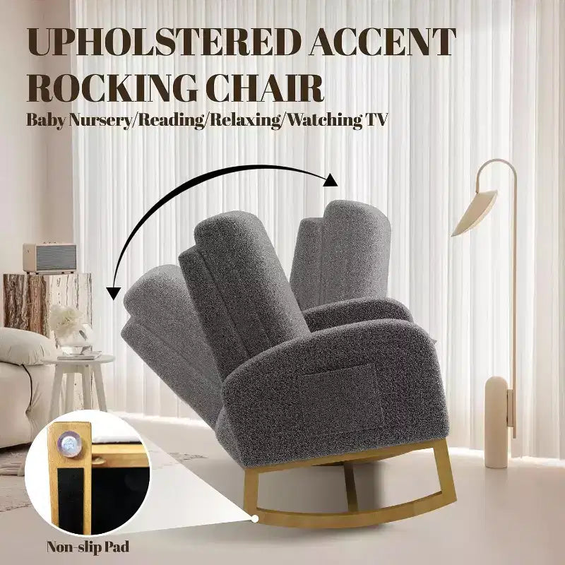 Modern Rocking Chair, Soft Faux Lambskin Upholstered Glider Rocking Chair with High Backrest, Side Pockets
