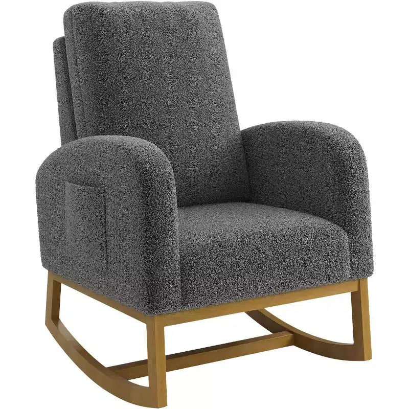 Modern Rocking Chair, Soft Faux Lambskin Upholstered Glider Rocking Chair with High Backrest, Side Pockets