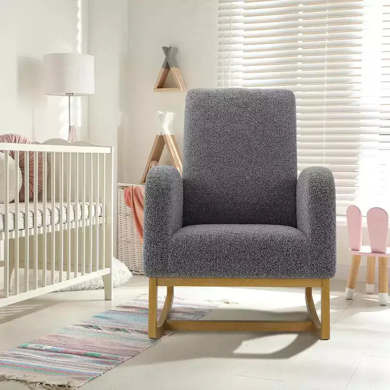 Modern Rocking Chair, Soft Faux Lambskin Upholstered Glider Rocking Chair with High Backrest, Side Pockets