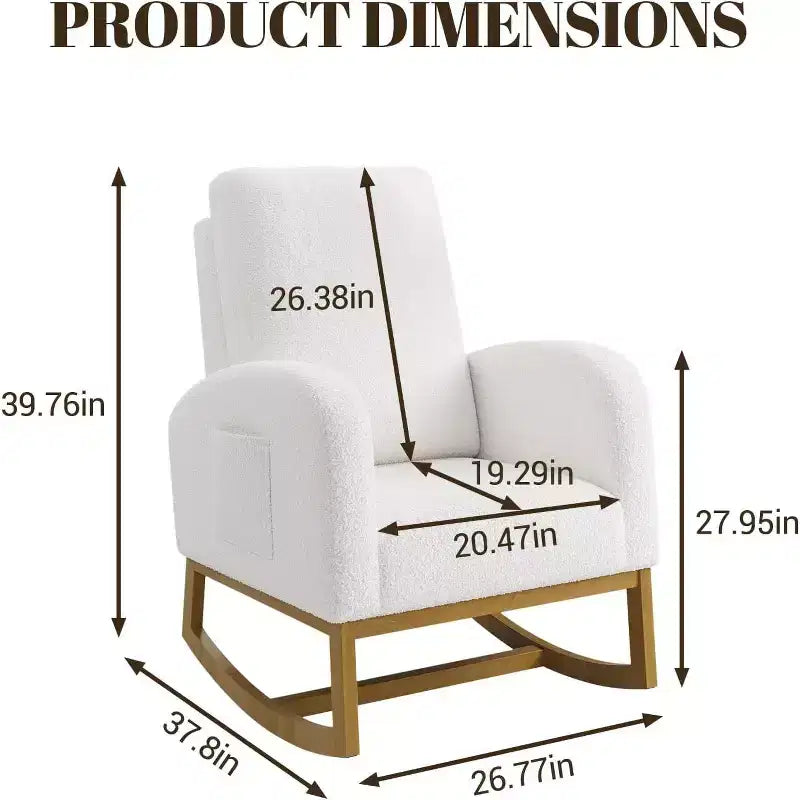 Modern Rocking Chair, Soft Faux Lambskin Upholstered Glider Rocking Chair with High Backrest, Side Pockets