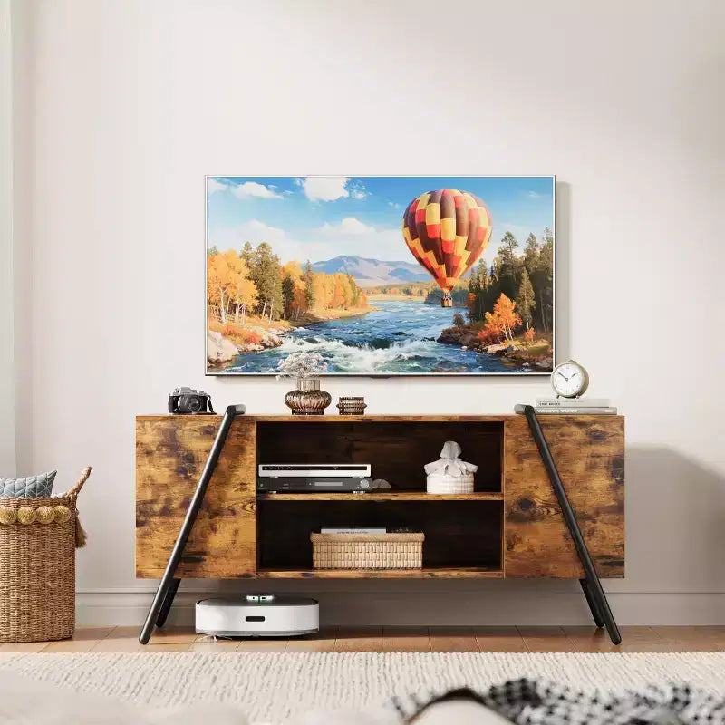 Meuble TV, Meuble de divertissement moderne avec étagère réglable, trous passe-câbles, console multimédia, pieds en métal en forme de U, pour salon, chambre à coucher, mobilier de bureau