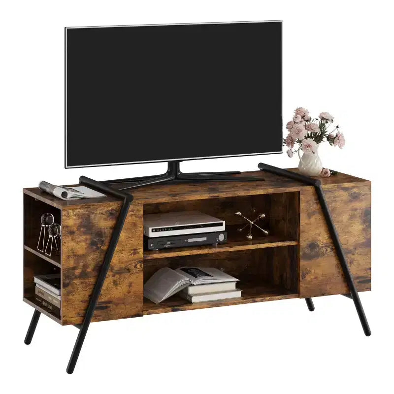Meuble TV, Meuble de divertissement moderne avec étagère réglable, trous passe-câbles, console multimédia, pieds en métal en forme de U, pour salon, chambre à coucher, mobilier de bureau