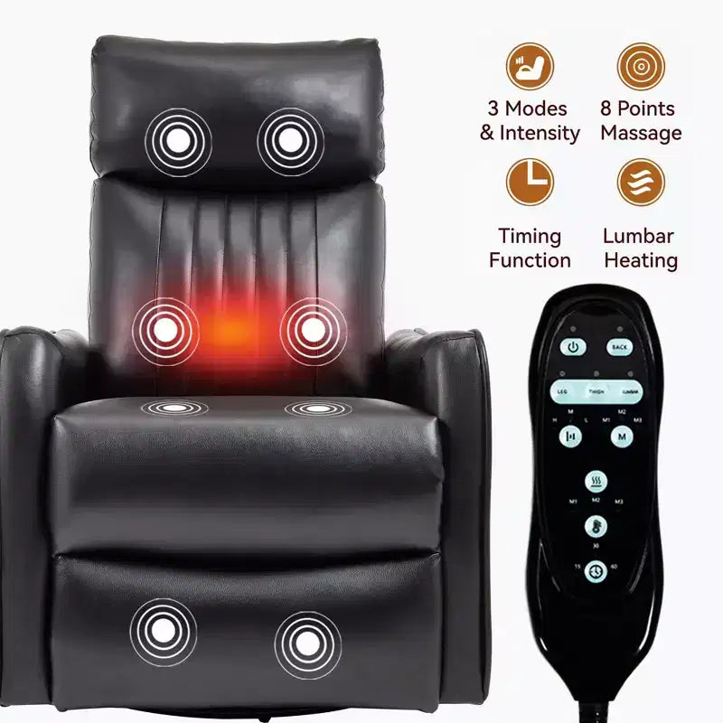 Fauteuil inclinable manuel massant et chauffant en similicuir noir avec fonction bascule et pivot pour salon