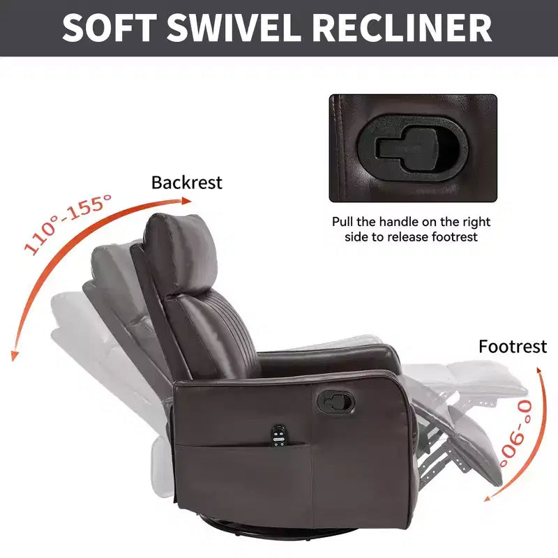Fauteuil inclinable manuel massant et chauffant en similicuir noir avec fonction bascule et pivot pour salon