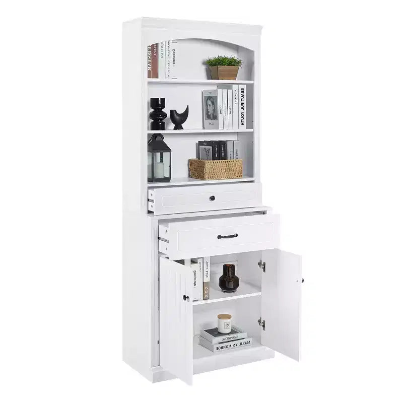 Meuble haut de rangement avec portes et tiroirs, 198 cm, étagère bibliothèque autoportante, économiseur d'espace de cuisine, blanc