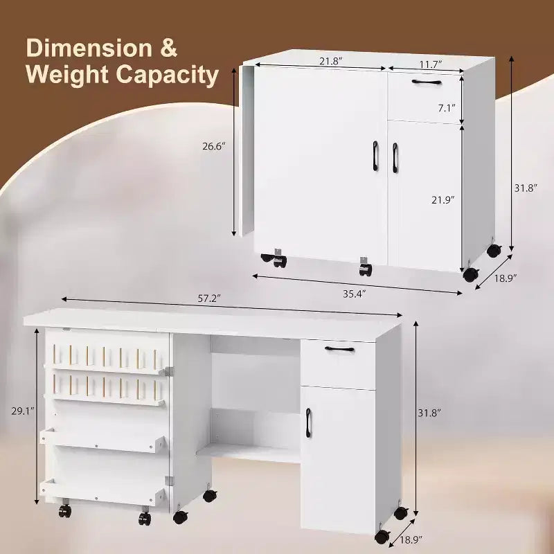 Table pliante pour machine à coudre, station de loisirs créatifs polyvalente avec étagères de rangement et roulettes verrouillables, bureau de couture mobile pour la maison, la chambre