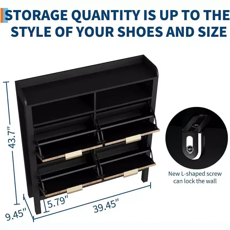 Garvee Shoe Storage Cabinet with 4 Flip Drawers, Fluted Narrow Shoe Storage Cabinet Organizer with Legs,Black+Natural Oak