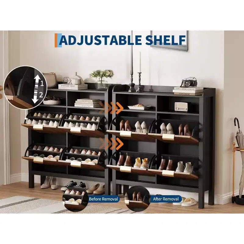Garvee Shoe Storage Cabinet with 4 Flip Drawers, Fluted Narrow Shoe Storage Cabinet Organizer with Legs,Black+Natural Oak