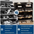 Garvee Shoe Storage Cabinet with 4 Flip Drawers, Fluted Narrow Shoe Storage Cabinet Organizer with Legs,Black+Natural Oak