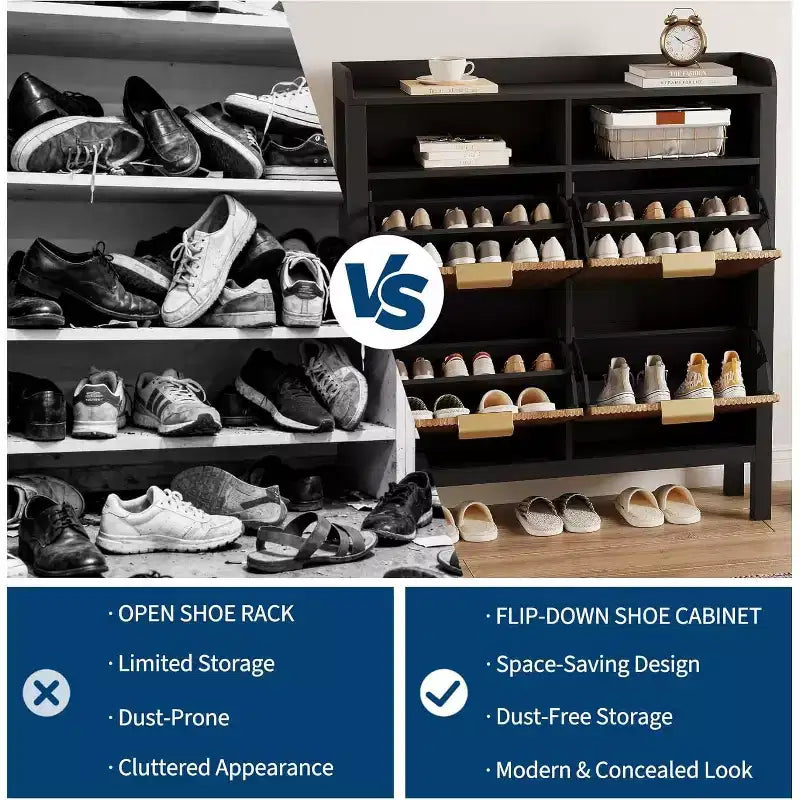 Garvee Shoe Storage Cabinet with 4 Flip Drawers, Fluted Narrow Shoe Storage Cabinet Organizer with Legs,Black+Natural Oak