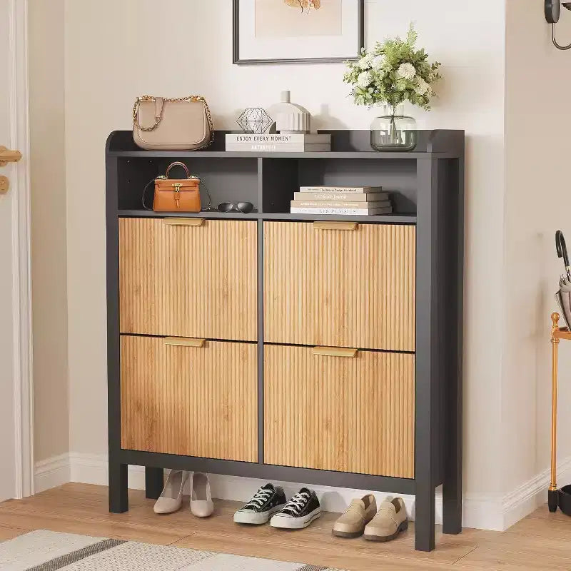 Garvee Shoe Storage Cabinet with 4 Flip Drawers, Fluted Narrow Shoe Storage Cabinet Organizer with Legs,Black+Natural Oak