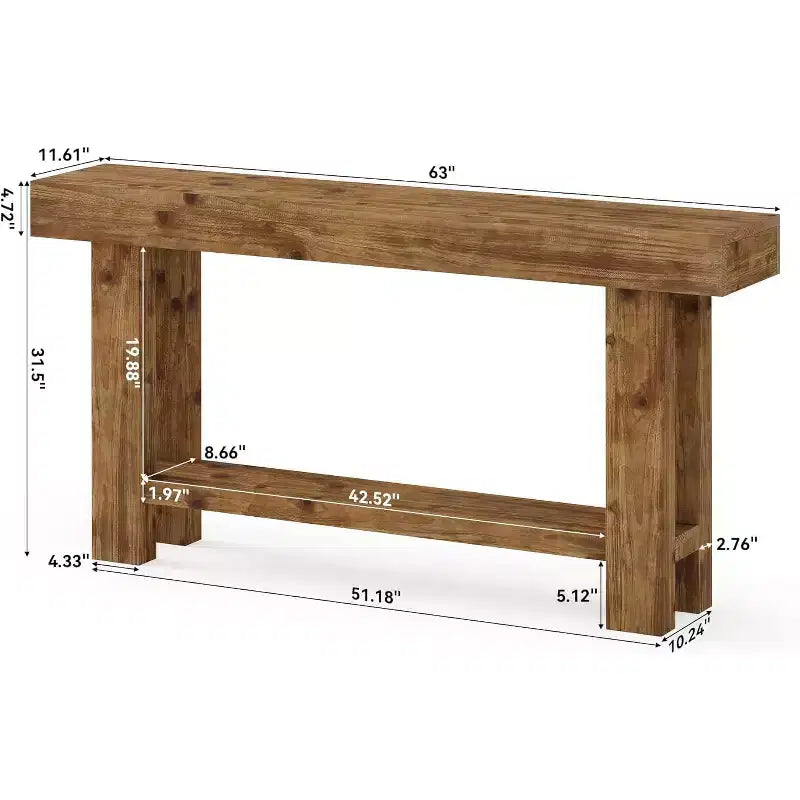 Tribesigns Table console longue en bois massif de 160 cm, table de canapé de style ferme à 2 niveaux, pour salon, couloir, entrée, foyer, marron rustique