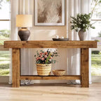 Tribesigns Table console longue en bois massif de 160 cm, table de canapé de style ferme à 2 niveaux, pour salon, couloir, entrée, foyer, marron rustique