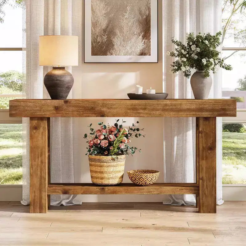 Tribesigns Table console longue en bois massif de 160 cm, table de canapé de style ferme à 2 niveaux, pour salon, couloir, entrée, foyer, marron rustique