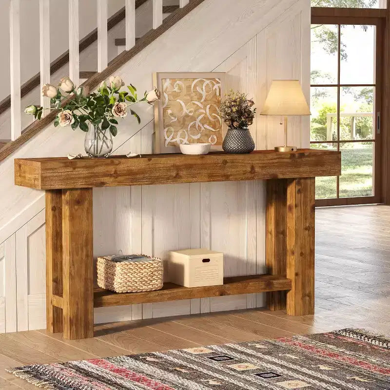 Tribesigns Table console longue en bois massif de 160 cm, table de canapé de style ferme à 2 niveaux, pour salon, couloir, entrée, foyer, marron rustique