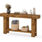 Tribesigns Table console longue en bois massif de 160 cm, table de canapé de style ferme à 2 niveaux, pour salon, couloir, entrée, foyer, marron rustique