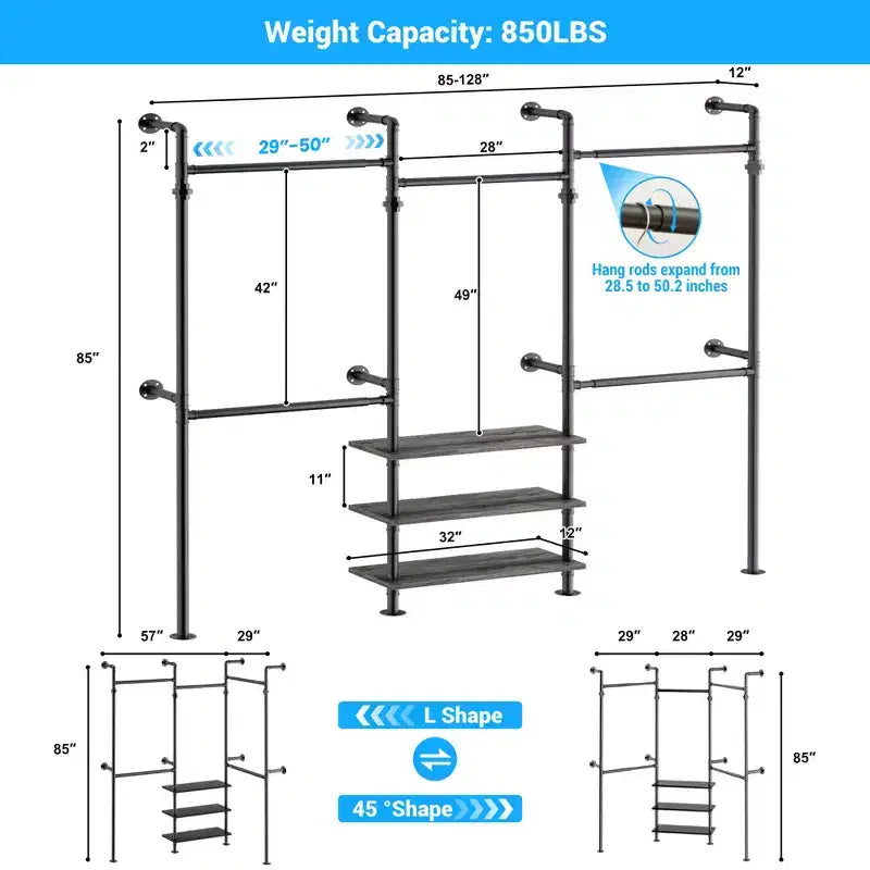Besiost 84-128 Metal Pipe Clothing Rack Wall Mounted , Garment Rack