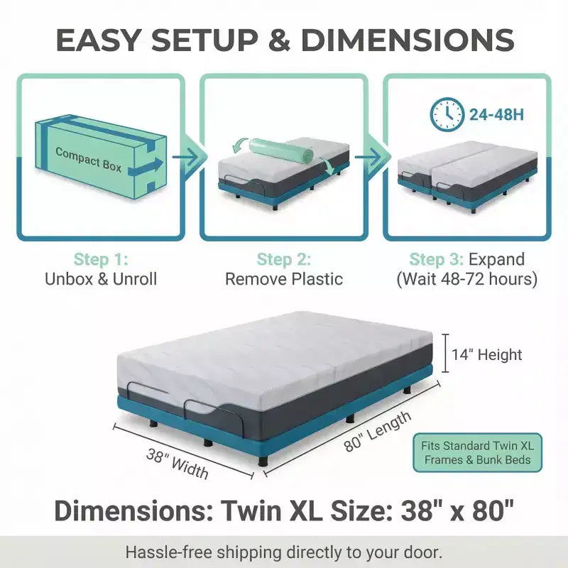 Matelas en mousse à mémoire de forme Dyonery 12-14 pouces Twin XL, ferme, gel rafraîchissant, thé vert, livré dans une boîte, housse sans fibre de verre, soutien anti-pression
