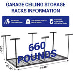 Rack de rangement de garage suspendu 4x8, rack de rangement de plafond de garage réglable en hauteur 22-40 avec 4 poteaux verticaux, capacité de poids de 300 kg
