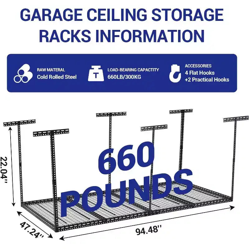 Rack de rangement de garage suspendu 4x8, rack de rangement de plafond de garage réglable en hauteur 22-40 avec 4 poteaux verticaux, capacité de poids de 300 kg