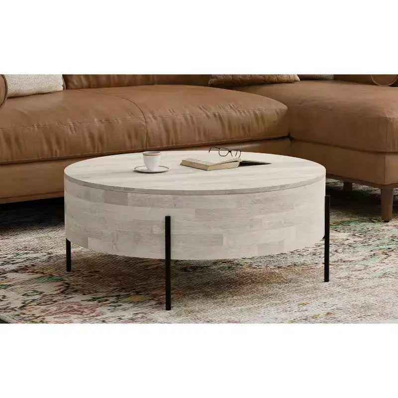 Table basse ronde moderne urbaine tambour Farmington en bois de manguier massif de 38 po de large