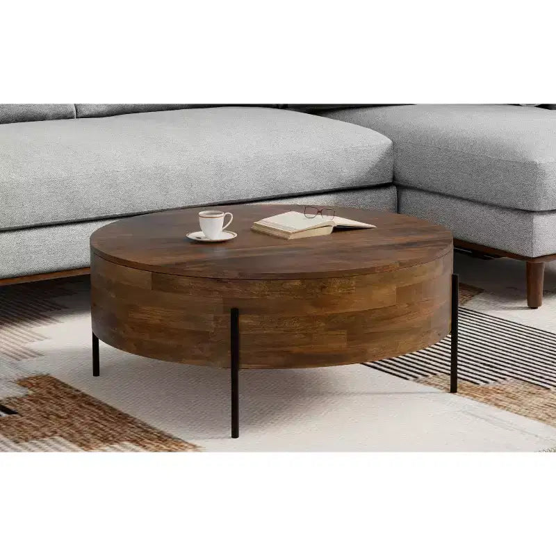 Table basse ronde moderne urbaine tambour Farmington en bois de manguier massif de 38 po de large