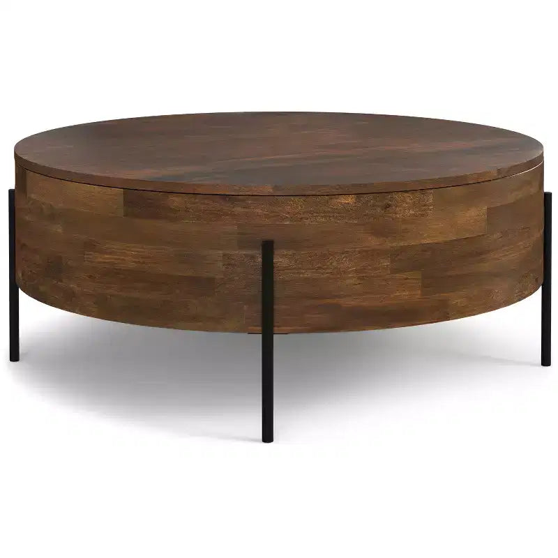 Table basse ronde moderne urbaine tambour Farmington en bois de manguier massif de 38 po de large