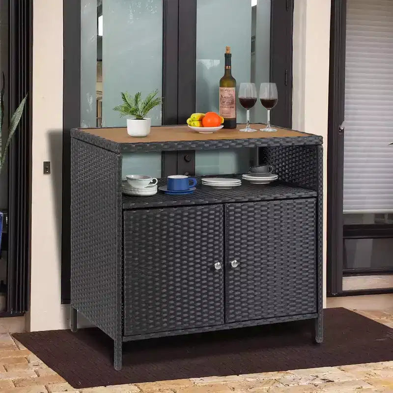 Rattan Outdoor Storage Cabinet - Black & Brown, Weather-Resistant, for Patio/Garden/Deck